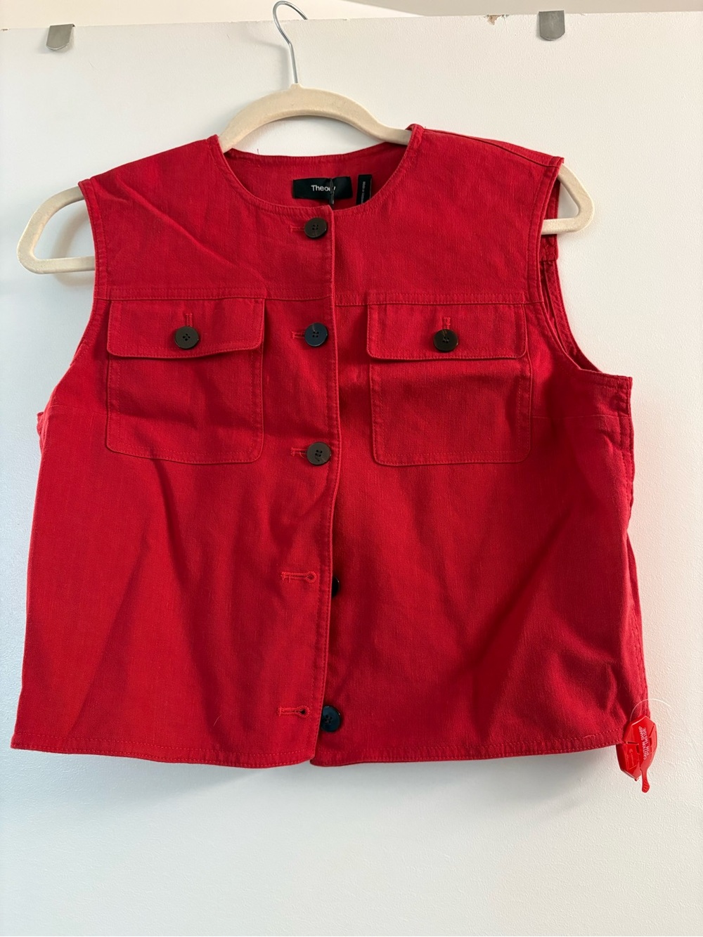 Theory Women’s Red Button-Front Sleeveless Trucker Vest Sz 4 NWT